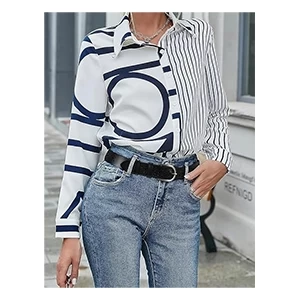 Letter & Striped Print Button Front Shirt